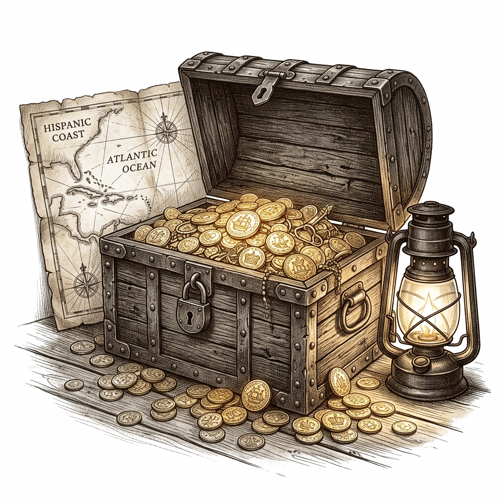 Antique wooden chest overflowing with gold Berries coins and lantern