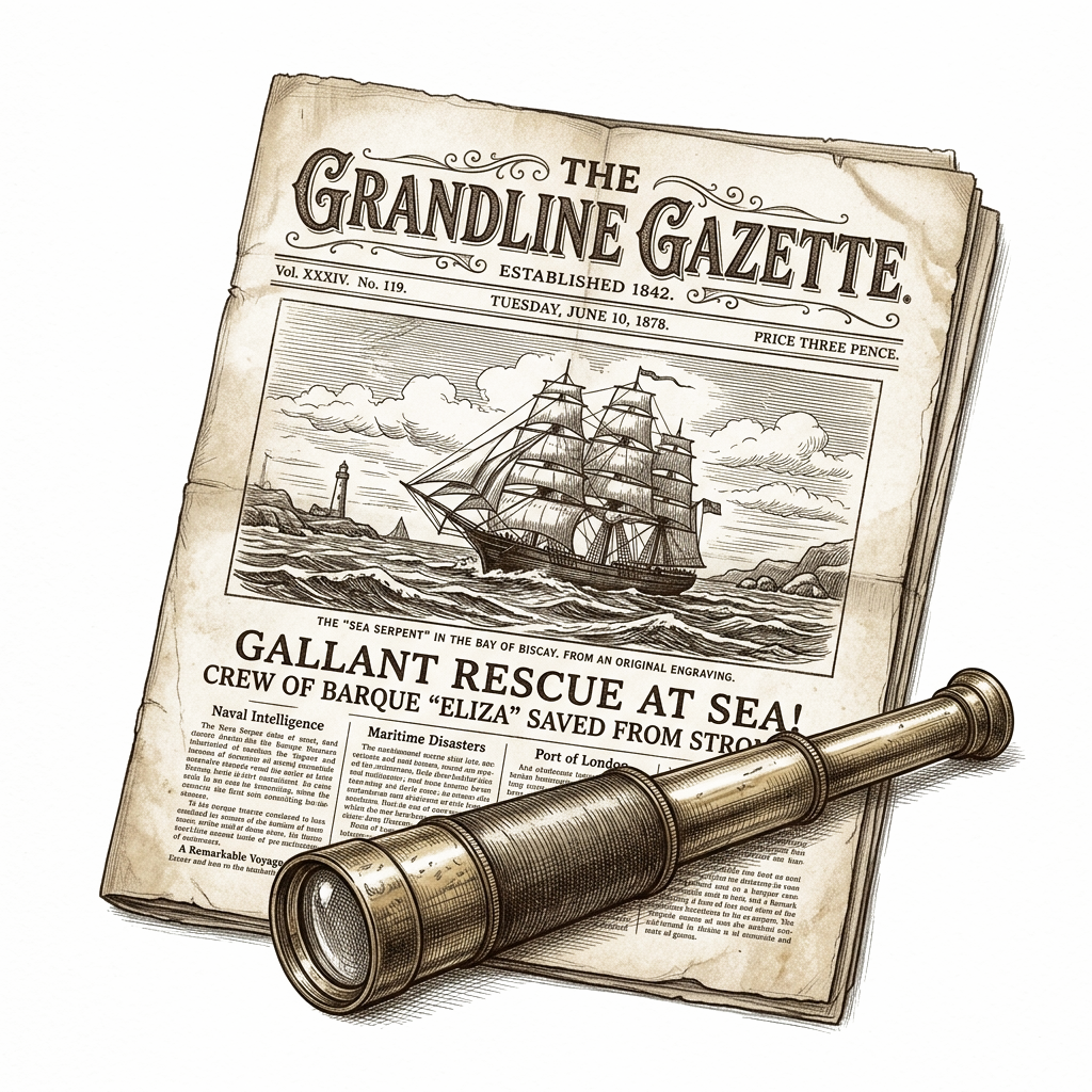 Folded Grandline Gazette newspaper and brass mariner spyglass
