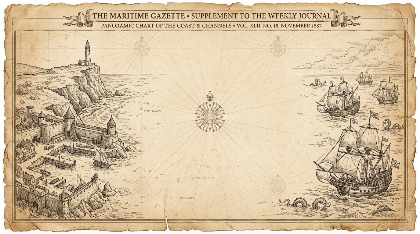 Antique nautical chart with coastal harbor fortress and galleons