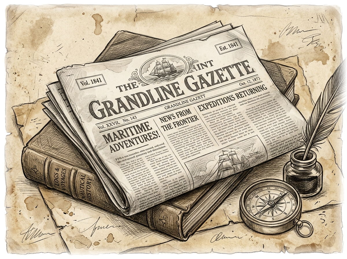 Pencil sketch of folded Grandline Gazette broadsheets, leather logs and compass