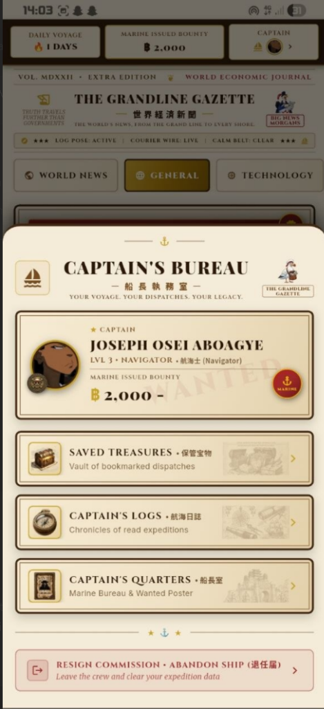 The Grandline Gazette App - Captain's Bureau Bottomsheet