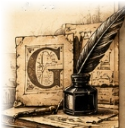 Illuminated woodcut drop-cap G with inkpot and quill