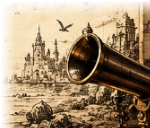 Brass lookout telescope with carrier bird and harbor